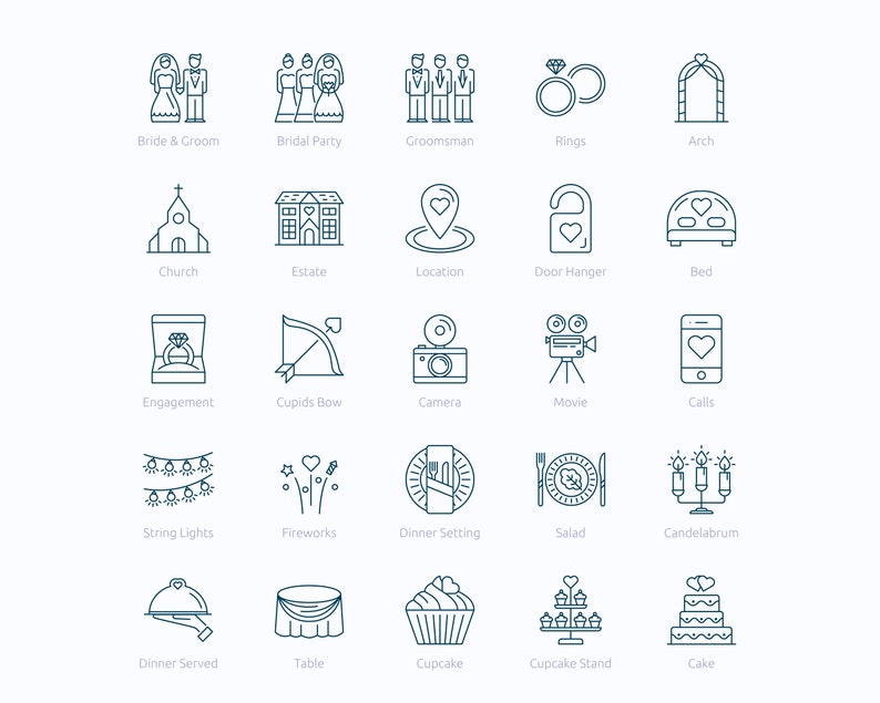 以下が含まれることがあります： 結婚式に関連するアイテムを描いた、25個の線画アイコンのセット。花嫁と新郎、教会、指輪、ケーキ、カップケーキなど。アイコンは青色です。