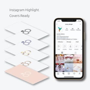 以下が含まれることがあります： ターコイズブルーのロゴと「ravos_design」というテキストが書かれたInstagramのプロフィールページのモックアップです。このプロフィールは、投稿が11件、フォロワーが34人、フォローしている人が74人です。また、このプロフィールには、白い背景に、ダイヤモンドがついた2つの重なり合ったリングの線画が描かれたハイライトカバーがあります。ハイライトカバーは薄いピンク色です。