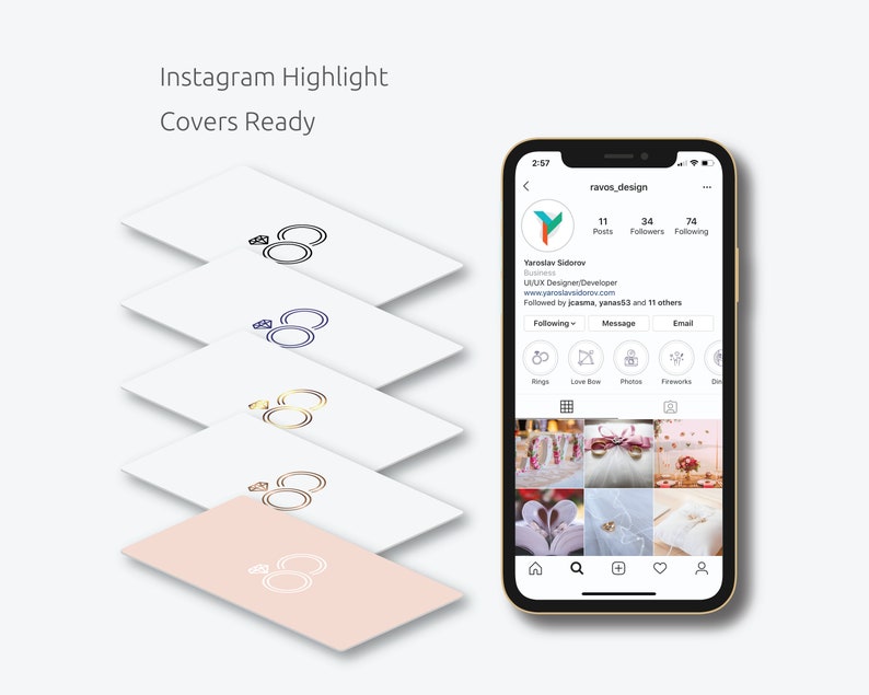 以下が含まれることがあります： ターコイズブルーのロゴと「ravos_design」というテキストが書かれたInstagramのプロフィールページのモックアップです。このプロフィールは、投稿が11件、フォロワーが34人、フォローしている人が74人です。また、このプロフィールには、白い背景に、ダイヤモンドがついた2つの重なり合ったリングの線画が描かれたハイライトカバーがあります。ハイライトカバーは薄いピンク色です。