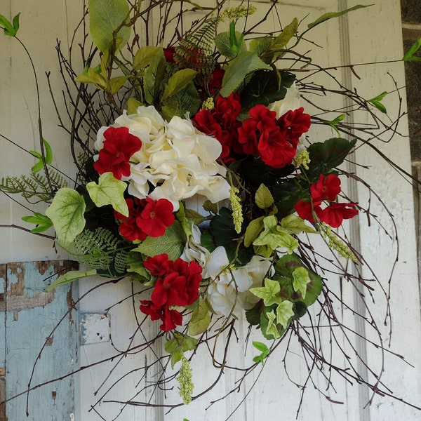 Red Geranium wreath, Country an Farmhouse wreath, Twiggy wreath