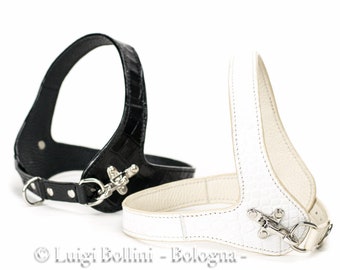 Pet harness, elegant and refined, genuine printed Italian leather, white