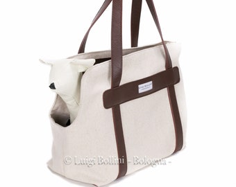 Dog Carrier, Canvas Natural Raw Cotton, Brown leather trim, Made in Italy