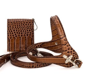 Dog harness and leash in genuine Italian leather printed croco.