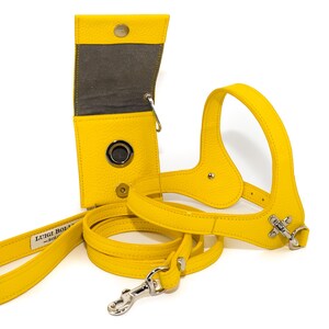 Leather dog harness and leash set brown tan color handmade Italian leather custom adjustable elegant design Yellow