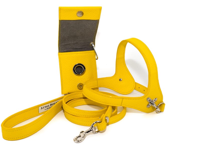 Leather dog harness and leash set brown tan color handmade Italian leather custom adjustable elegant design Yellow