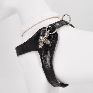 Black embossed croco leather dog harness, custom fit step-in, handmade in Italy, adjustable image 18
