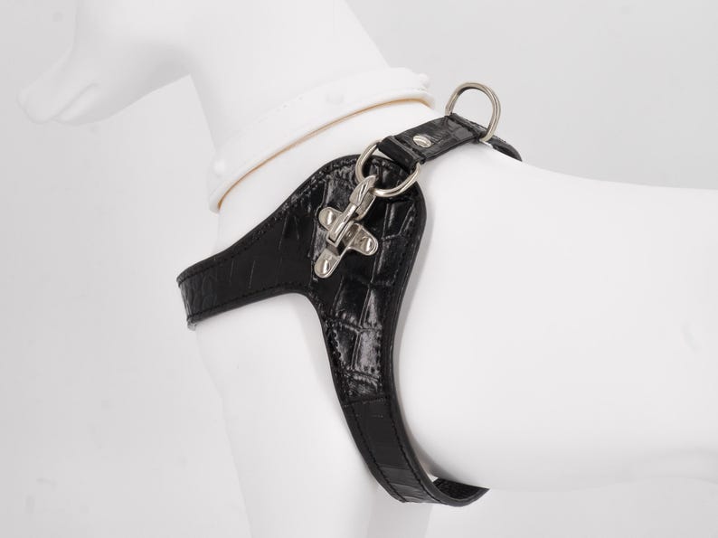 Black embossed croco leather dog harness, custom fit step-in, handmade in Italy, adjustable image 18