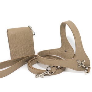 Leather dog harness and leash set brown tan color handmade Italian leather custom adjustable elegant design Tortora