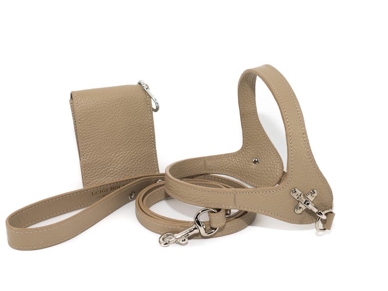 Leather dog harness and leash set brown tan color handmade Italian leather custom adjustable elegant design Tortora