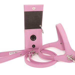 Leather dog harness and leash set brown tan color handmade Italian leather custom adjustable elegant design Pink
