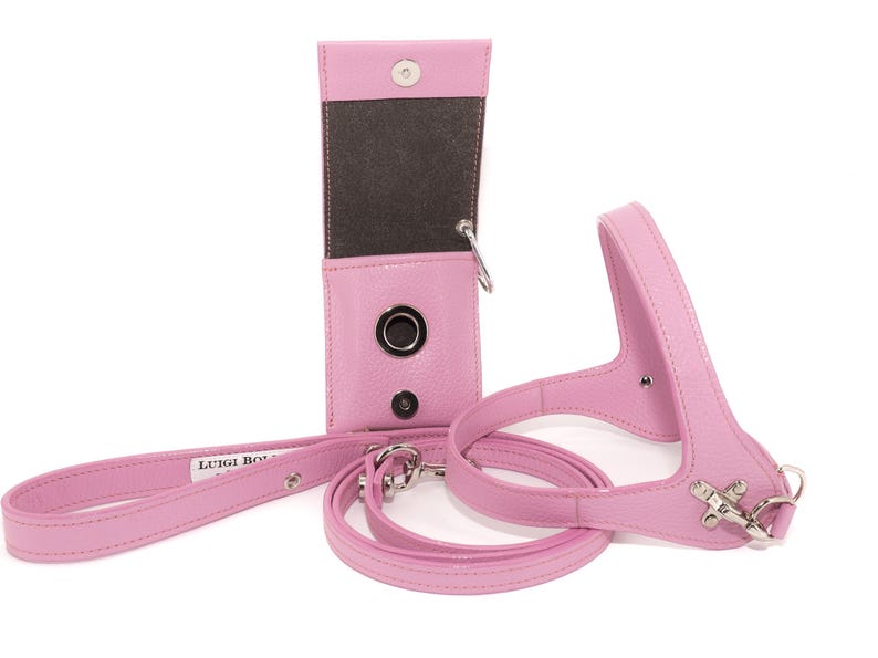Leather dog harness and leash set brown tan color handmade Italian leather custom adjustable elegant design Pink