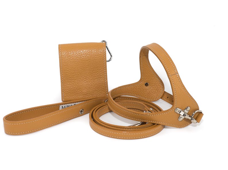 Leather dog harness and leash set brown tan color handmade Italian leather custom adjustable elegant design Beige