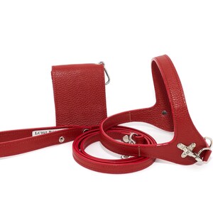 Leather dog harness and leash set brown tan color handmade Italian leather custom adjustable elegant design Red