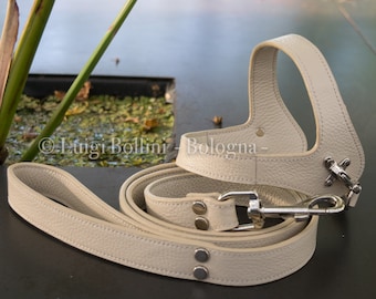 Dog harness and leash set, Cream color, genuine Italian leather