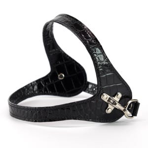 embossed black leather dog harness, handmade in Italy