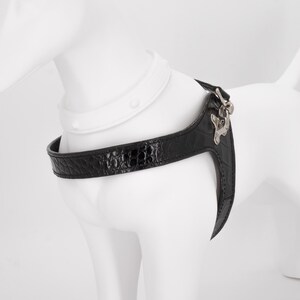 Black embossed croco leather dog harness, custom fit step-in, handmade in Italy, adjustable image 19