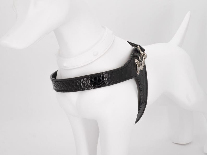 Black embossed croco leather dog harness, custom fit step-in, handmade in Italy, adjustable image 19