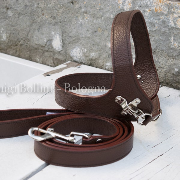 Dog harness and leash set, genuine Italian Brown leather
