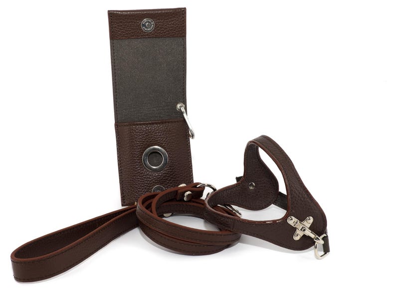 Leather dog harness and leash set brown tan color handmade Italian leather custom adjustable elegant design Brown