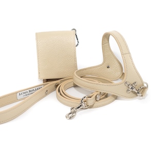 Leather dog harness and leash set brown tan color handmade Italian leather custom adjustable elegant design Crema