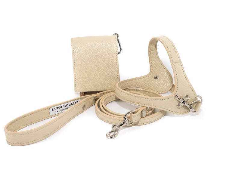 Leather dog harness and leash set brown tan color handmade Italian leather custom adjustable elegant design Crema
