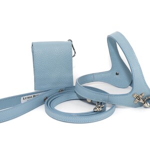 Leather dog harness and leash set brown tan color handmade Italian leather custom adjustable elegant design Azzurro