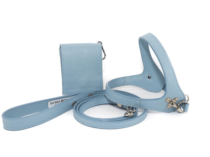 Leather dog harness and leash set brown tan color handmade Italian leather custom adjustable elegant design Azzurro