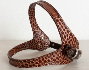 Pet harness, elegant and refined,  Brown genuine printed Italian leather