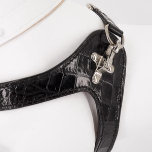 Black embossed croco leather dog harness, custom fit step-in, handmade in Italy, adjustable image 4