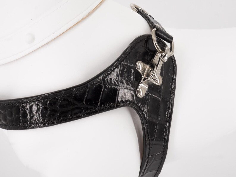 Black embossed croco leather dog harness, custom fit step-in, handmade in Italy, adjustable image 4