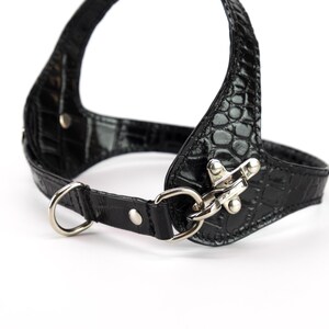 Quick release snap hook detail, embossed black leather dog harness