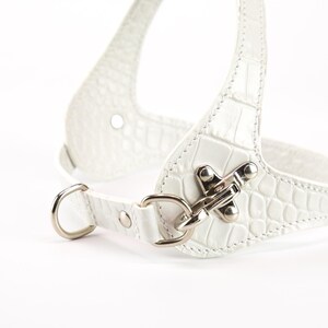 Quick release snap hook detail, embossed white leather dog harness