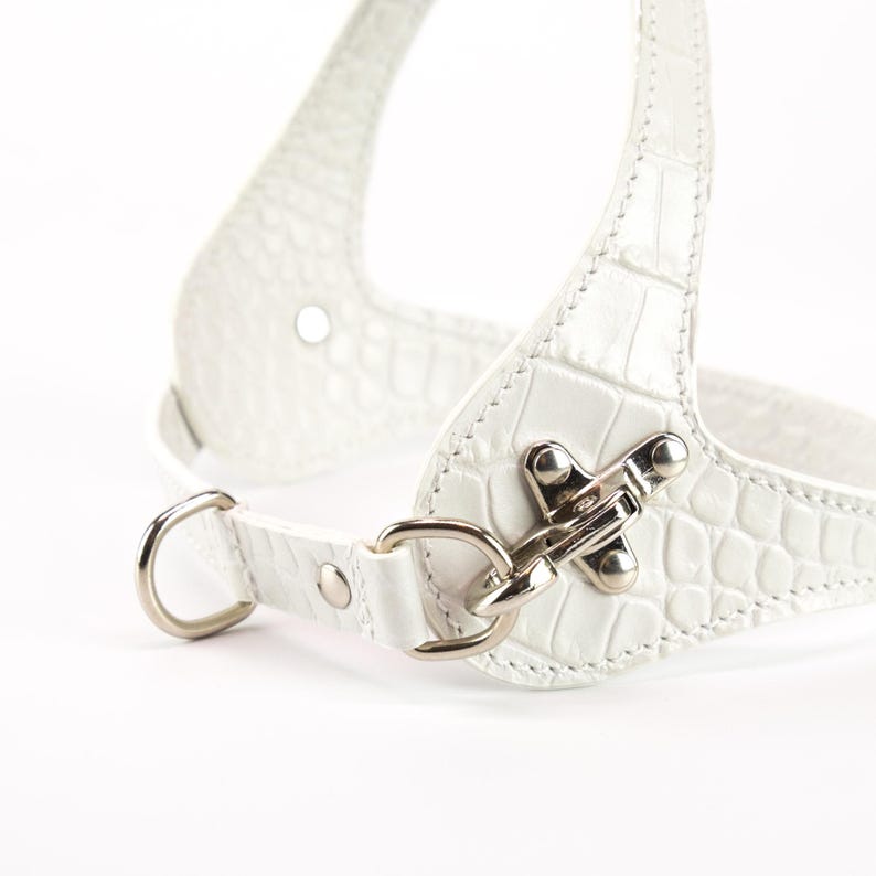 Quick release snap hook detail, embossed white leather dog harness