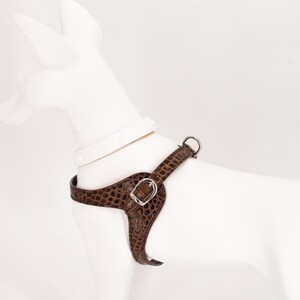 Black embossed croco leather dog harness, custom fit step-in, handmade in Italy, adjustable image 9