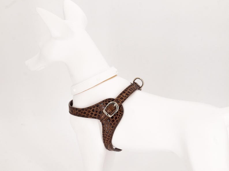 Black embossed croco leather dog harness, custom fit step-in, handmade in Italy, adjustable image 9