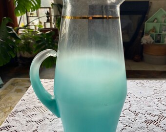Vintage MCM Blue Frosted Glass Blendo Pitcher Cocktails Bar Cart Gold Ring