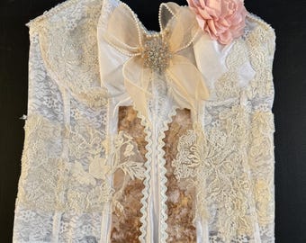 Upcycled bustier, lace , pearls. SizeDD
