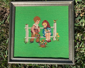 Vintage Cottagecore Needlepoint Art, Children with Flowers, 18x19 Inch Framed Wall Hanging