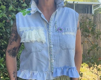 Upcycled Blue Striped Shirt: Ruffled Lace Trim, Floral Applique, Size S/M