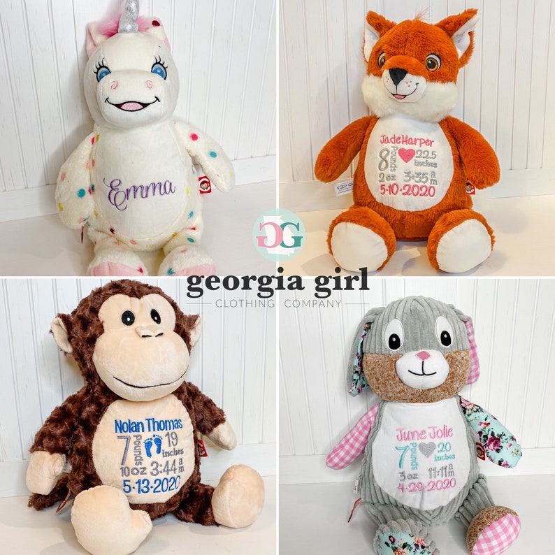 Personalized Embroidered Stuffed Animals, Birth stat stuffed animals, baby arrival gift, Baby shower gift image 3