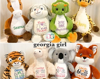 Personalized Embroidered Stuffed Animals, Birth stat stuffed animals, baby arrival gift, Baby shower gift