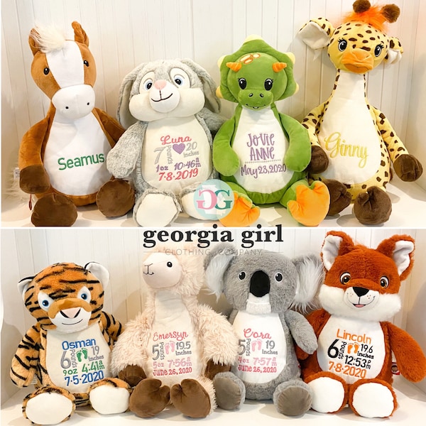 Personalized Embroidered Stuffed Animals, Birth stat stuffed animals, baby arrival gift, Baby shower gift