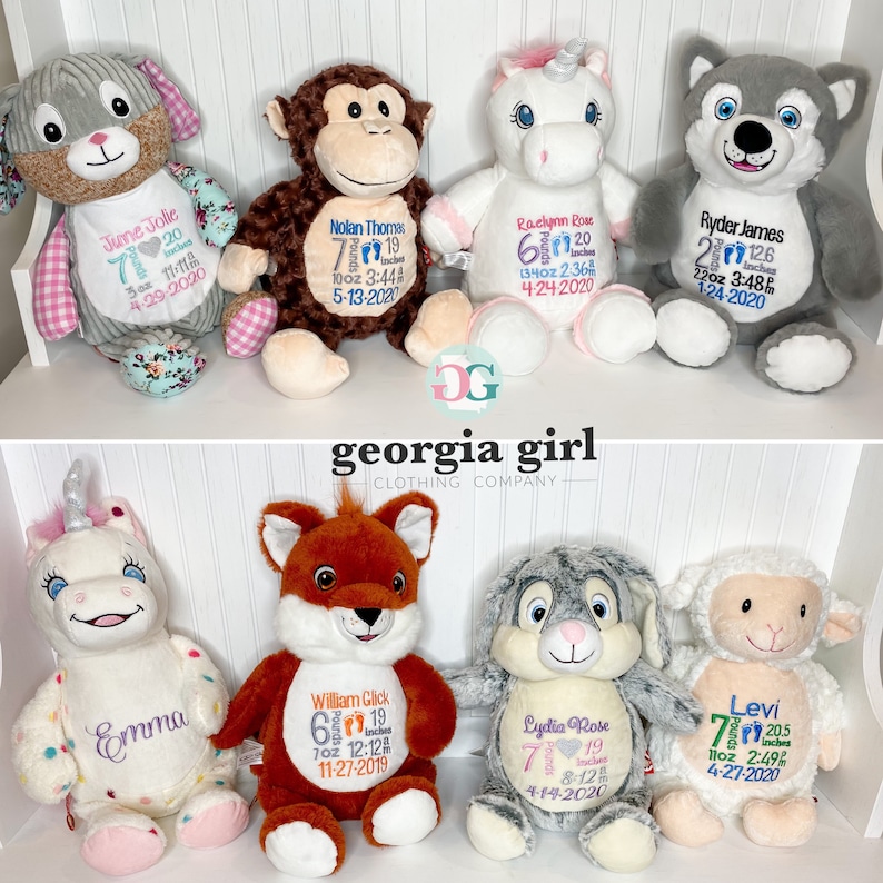 Personalized Embroidered Stuffed Animals, Birth stat stuffed animals, baby arrival gift, Baby shower gift image 2