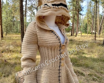 CUSTOM ORDER Burlap Chap coat bulky crochet coat warm cozy halloween festival outfit fitted sexy cosplay coat