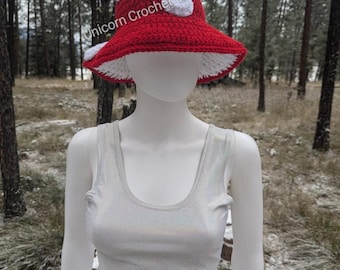 READY TO SHIP red and white mushroom bucket hat cozy festival hat great for sprouting edm fashion music festival hat