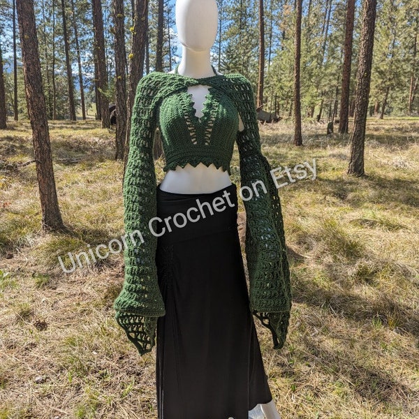 fairy cropped top with crochet sleeve shrug bell sleeves asymmetrical long fae Sleeves