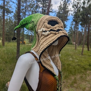CUSTOM ORDER Burlap Chap with green accent on hood spider Nightmare before Yule  gift Handmade crochet hood