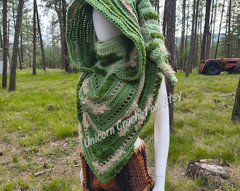 CUSTOM ORDERMoss Fairy Hooded Scarf, Forest Hood Crochet Cowl, Plant Girl Shawl, Woodland Festival Wear, Fairycore Hood, Custom Color Option