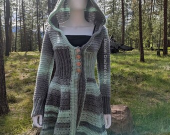 Ready to Ship! Medium Size Crochet Pixie Coat - Mint and Grey Hooded Jacket for Fairy Fae Faerie Folk
