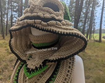 Custom order Burlap chap *with green*  oleander hood cozy warm hooded scarf